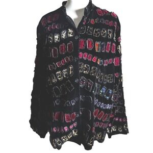 Chicos Design Size 3 Black Velvet Jacket Embellished Geo Print Multi & Leopard
